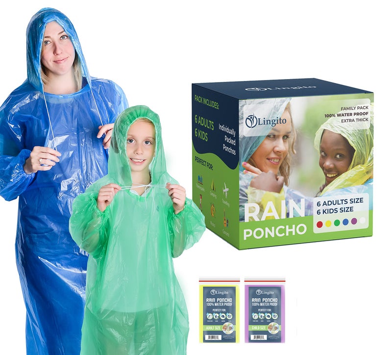 Lingito Rain Ponchos Family Pack | 12-Piece Emergency Drawstring Hood Poncho for Children and Adults | Lightweight Reusable or Disposable - Image 1